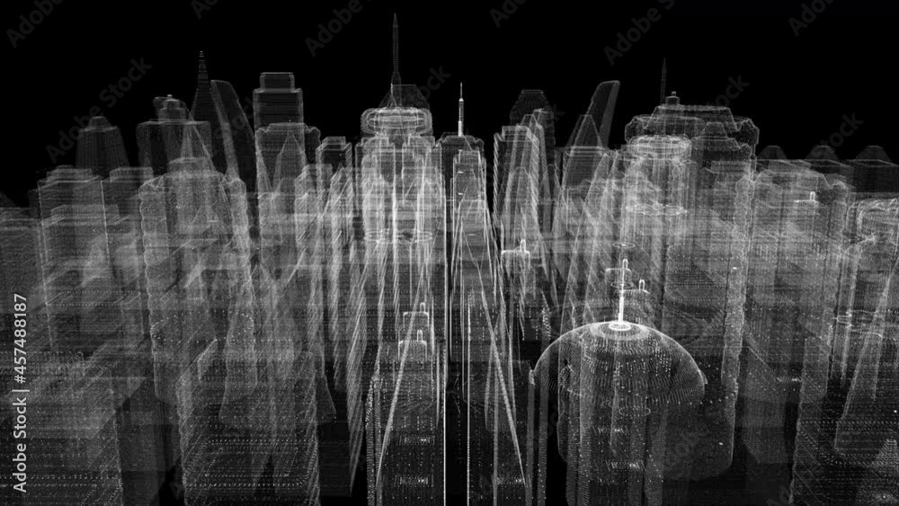 Aufkleber Futuristic 3d rendering of rotating holographic city digitally generated image virtual reality matrix particles simulation in cyber space background environment for head up display screen
