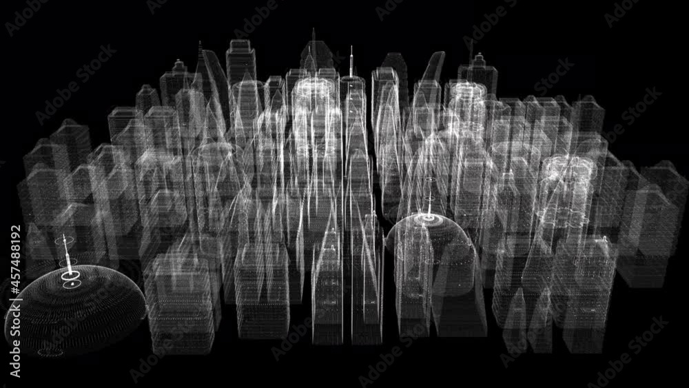 Aufkleber Futuristic 3d rendering of rotating holographic city digitally generated image virtual reality matrix particles simulation in cyber space background environment for head up display screen