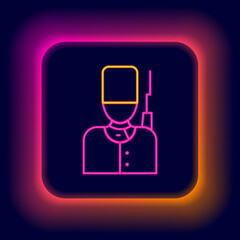 Glowing neon line British guardsman with bearskin hat marching icon isolated on black background. Colorful outline concept. Vector