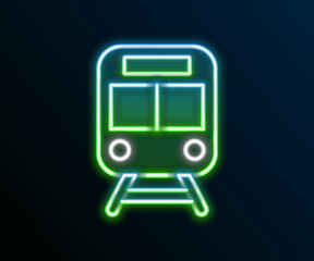 Glowing neon line Train and railway icon isolated on black background. Public transportation symbol. Subway train transport. Metro underground. Colorful outline concept. Vector