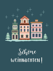 German greeting card template. "Schöne Weihnachten!" written in German, in English means "Merry Christmas!". Christmas holidays vector background.