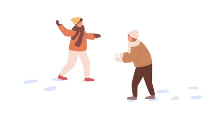 Children at snowball fight on winter holidays. Kids having fun, making, sculpting and throwing snow balls, playing wintertime game. Flat vector illustration of boys isolated on white background