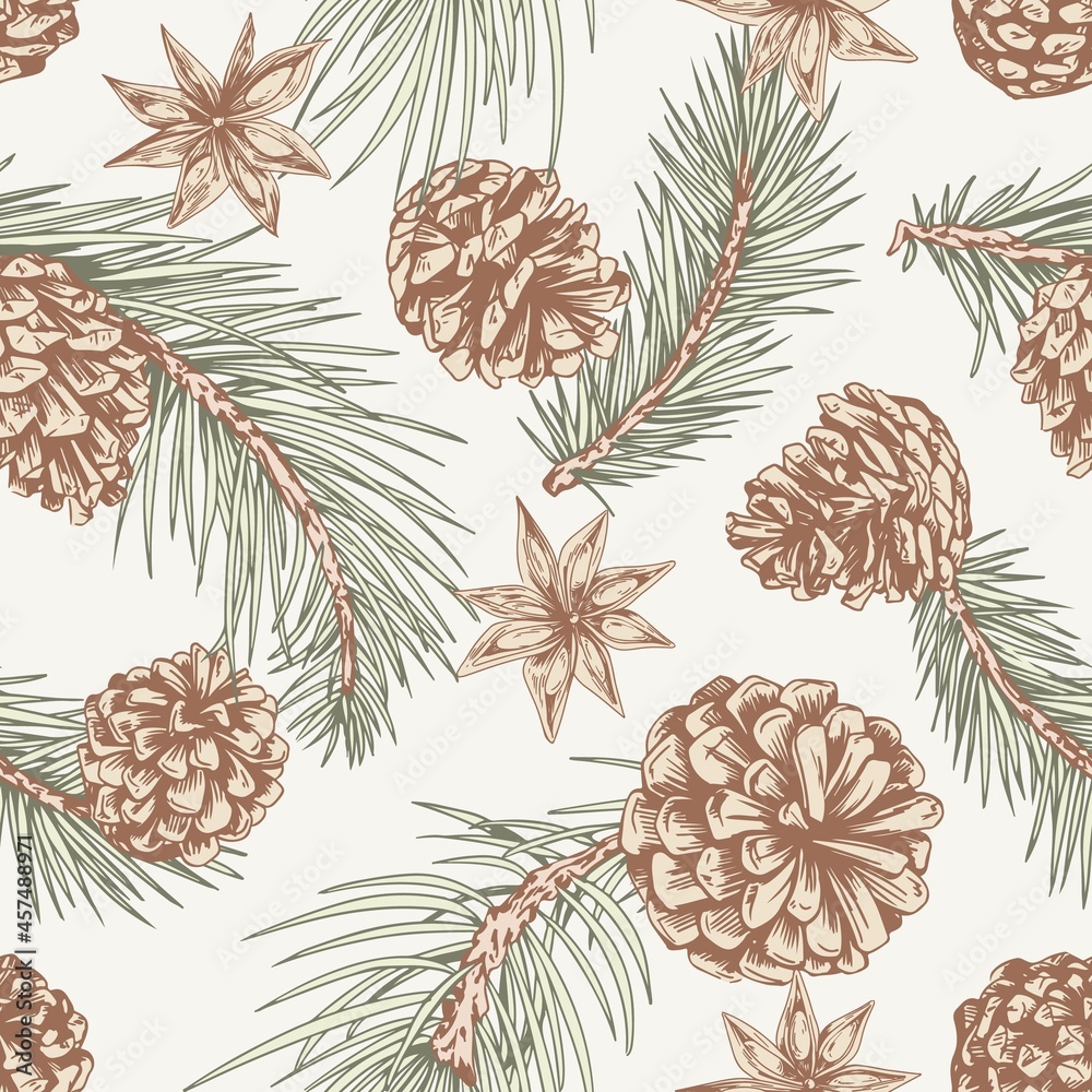 Poster seamless pattern with christmas fir cones, needles and anise. repeating background with coniferous s
