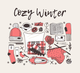 Hand drawn fall fashion illustration. Creative ink art work. Actual vector drawing. Winter set: wear, shoes, accessories, food, drinks, things