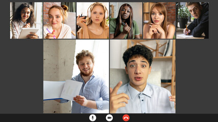 Remote education. Team working, students at online lesson, class via group video call, people share ideas brainstorming use video conference. Collage