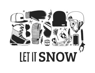 Hand drawn Fashion Illustration Snowboarding Things and text. Creative ink art work. Actual cozy vector drawing with Rider's Items. Winter Sport set: wear, shoes, accessories, food, drinks, things