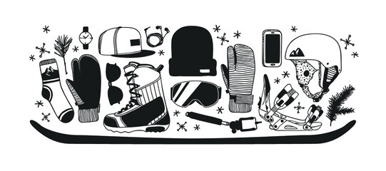 Hand drawn Fashion Illustration Snowboarding Things and text. Creative ink art work. Actual cozy vector drawing with Rider's Items. Winter Sport set: wear, shoes, accessories, food, drinks, things