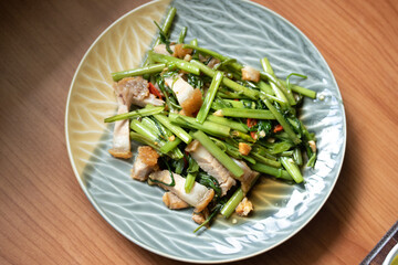 Stir Fried Morning Glory with Crispy Pork