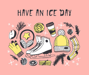 Hand drawn set with Ice Skating Things. Winter Sport vector background. Actual fashion illustration. Original doodle style drawing. Creative ink art work