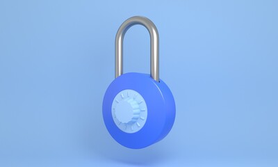 3d Blue pastel closed padlock, minimalist style. Lock, security, safety, locked symbol