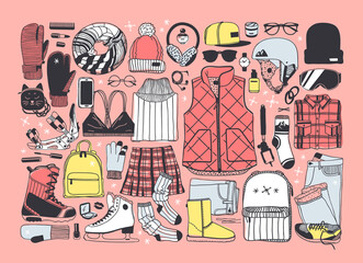 Hand drawn set with Ice Skating Things. Winter Sport vector background. Actual fashion illustration. Original doodle style drawing. Creative ink art work
