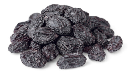 close up of black raisins isolated on white background