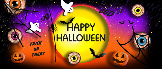 Halloween banner. Halloween illustration with scary eyes, ghosts,  pumpkins, spiders, spider webs and bats. HAPPY HALLOWEEN.