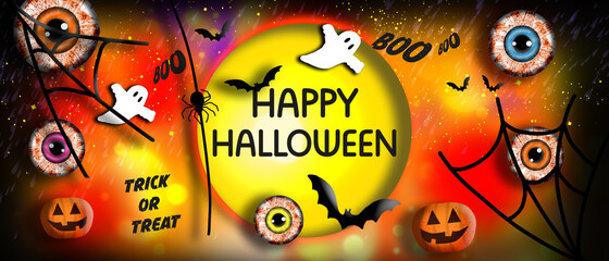 Halloween banner. Halloween illustration with scary eyes, ghosts,  pumpkins, spiders, spider webs and bats. HAPPY HALLOWEEN.