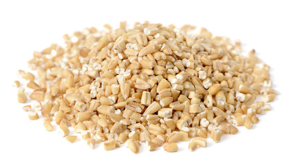 close up of raw steel cut oats isolated on white. (large depth of field, taken with tilt shift lens)