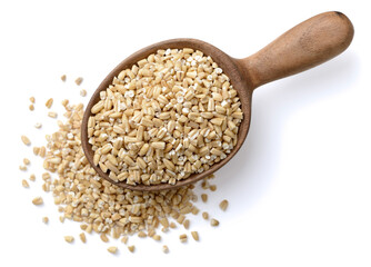 raw steel cut oats in the wooden spoon, isolated on the white background, top view