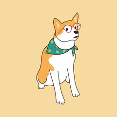 Shiba inu dog cute and funny wearing glasses frames. Hand drawn sticker vector illustration isolated. Kawaii style. Portrait cute dog.