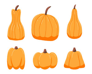 Hand-drawn set of orange pumpkins. Pumpkin icons.