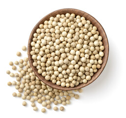 white peppercorns in the wooden bowl, isolated on white, top view