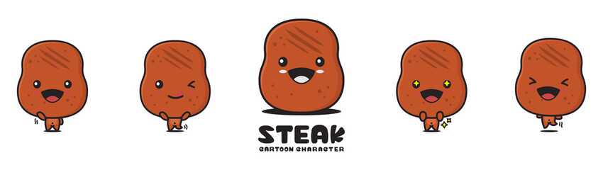 cute steak mascot, food cartoon illustration, with different facial expressions and poses