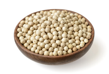 white peppercorns in the wooden bowl, isolated on white
