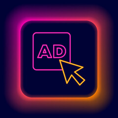 Glowing neon line Advertising icon isolated on black background. Concept of marketing and promotion process. Responsive ads. Social media advertising. Colorful outline concept. Vector