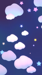 Obraz premium 3d rendered cartoon clouds and stars in the night sky. (vertical)