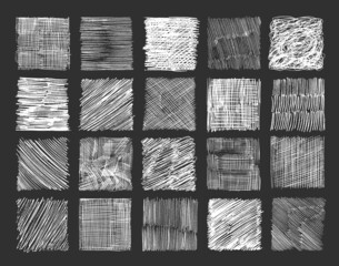 Abstract set with pencil strokes on a black background. Hand drawing sketch frame.
