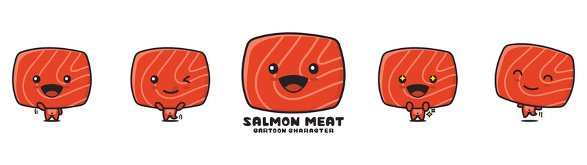 Fototapeta premium cute salmon meat mascot, food cartoon illustration, with different facial expressions and poses