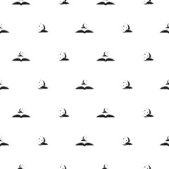 Fairytale bedtime seamless pattern. Black ornament with books, half moon, stars and clouds.