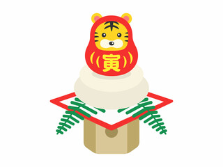 鏡餅にのっている達磨のきぐるみを着た虎のイラスト