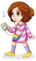 Cute girl in pink dress listening to music