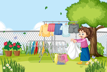 Outdoor scene with a girl hanging clothes on clotheslines