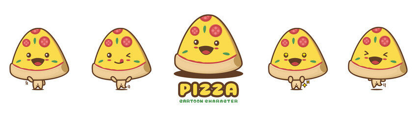 cute pizza slice mascot, food cartoon illustration, with different facial expressions and poses