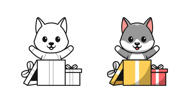 cute wolf in gift box cartoon coloring pages for kids