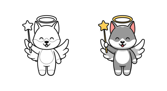 cute wolf angel cartoon coloring pages for kids