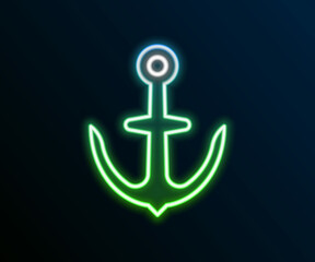 Glowing neon line Anchor icon isolated on black background. Colorful outline concept. Vector