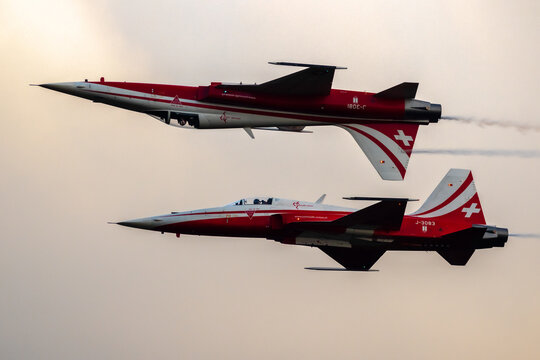 Patrouille Suisse aerobatic team Northrop F-5E Tiger II fighter jets airshow performing. 