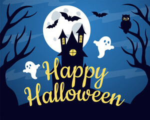 Spooky halloween night. Scary house, full moon, bats, ghosts, owl. Happy halloween vector illustration.