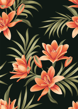 Seamless pattern of Lilies flowers background template. Vector set of floral element for tropical print, wedding invitations, greeting card, brochure, banners and fashion design.