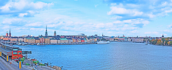 The panorama of Skeppsbron quay in Stockholm, Sweden