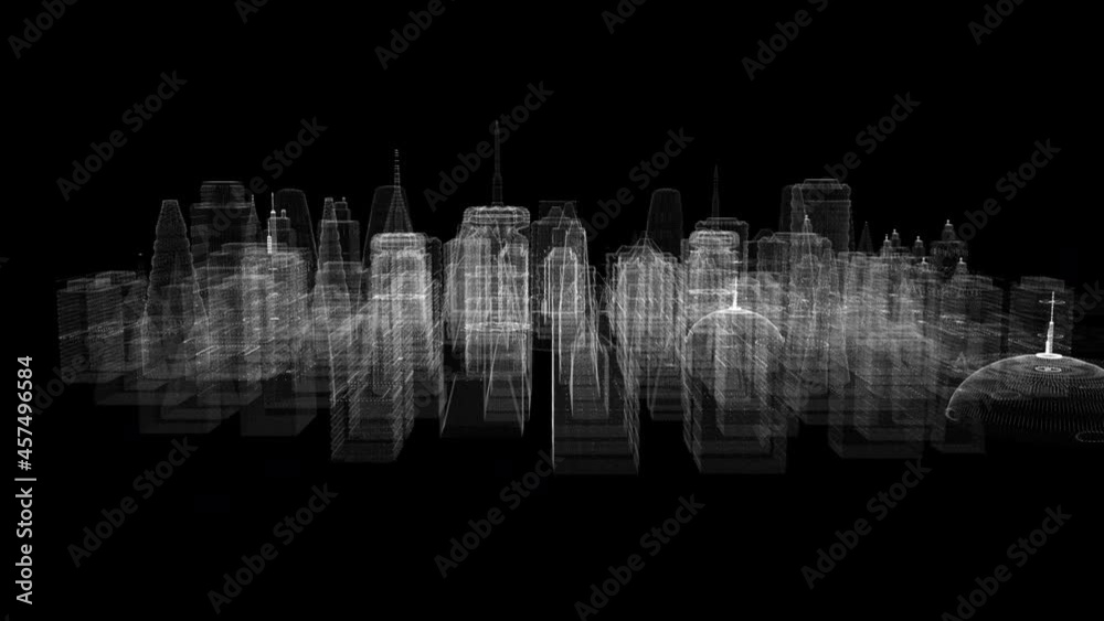 Aufkleber Futuristic 3d rendering of rotating holographic city digitally generated image virtual reality matrix particles simulation in cyber space background environment for head up display screen