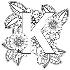 Letter K with Mehndi flower. decorative ornament in ethnic oriental style. coloring book page. 