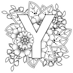 Letter Y with Mehndi flower. decorative ornament in ethnic oriental style. coloring book page. 