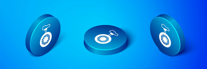Isometric Unicycle or one wheel bicycle icon isolated on blue background. Monowheel bicycle. Blue circle button. Vector © Kostiantyn