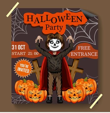 Halloween. Fancy dress holiday invitation poster. The guy in the ghost costume. Spirit. Stock illustration.
Banner. Vampire. Pumpkins. Free entry. Place for an inscription. Gray background