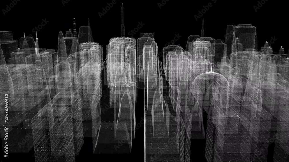 Aufkleber Futuristic 3d rendering of rotating holographic city digitally generated image virtual reality matrix particles simulation in cyber space background environment for head up display screen
