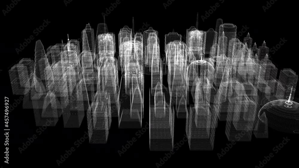 Poster Futuristic 3d rendering of rotating holographic city digitally generated image virtual reality matrix particles simulation in cyber space background environment for head up display screen