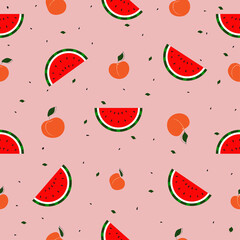 seamless pink background with WATERMELONS and peaches