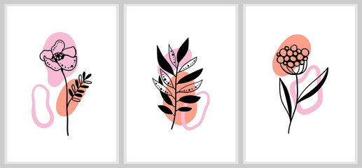 A SET OF VECTOR ILLUSTRATIONS WITH NATURAL ELEMENTS, CARDS WITH FLOWERS AND LEAVES, BRANCHES AND GRASS, ABSTRACT DRAWING BY HAND ONE LINE ON A BACKGROUND OF COLORED SPOTS